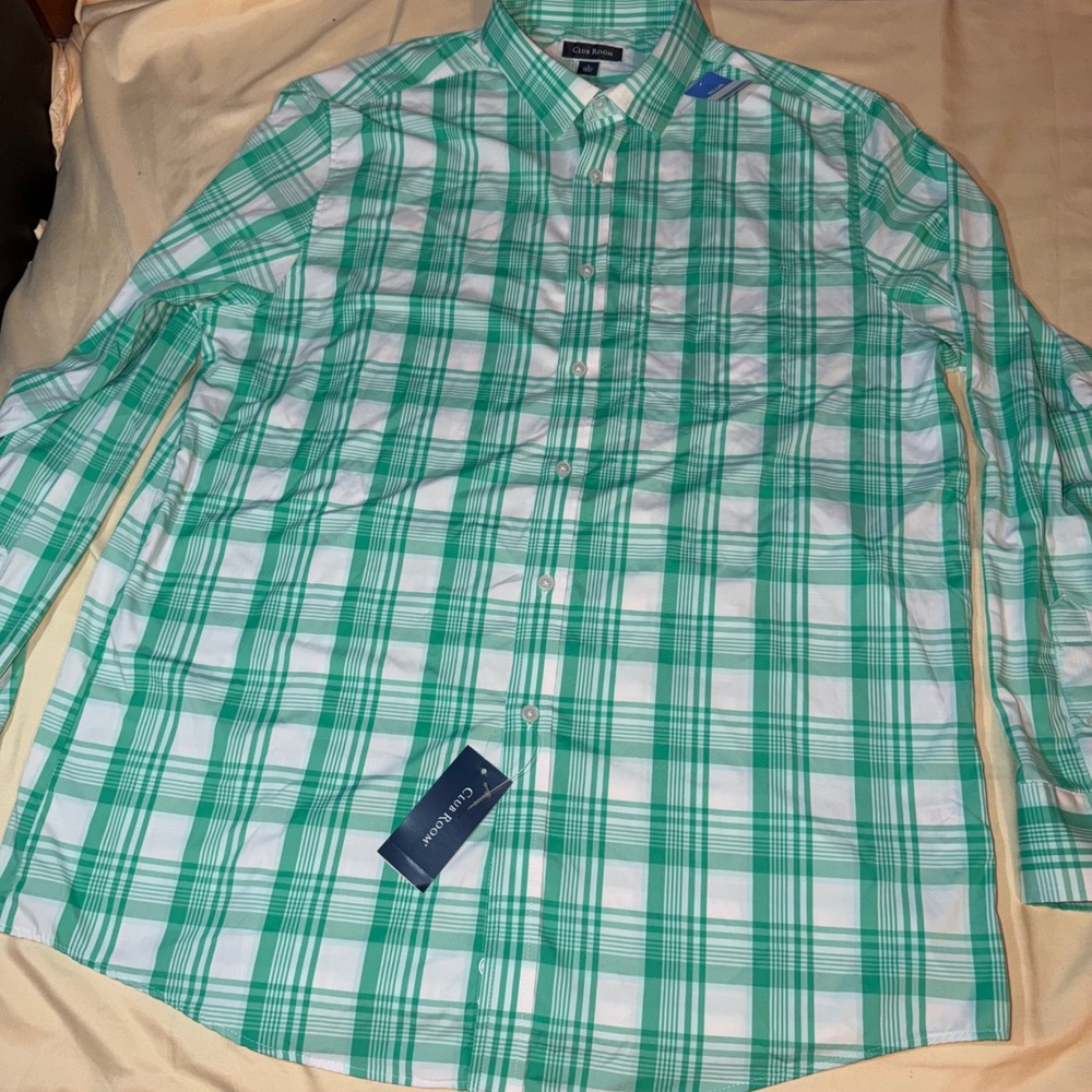NWT Club Room Mens L Green White Plaid Long Sleeve Button Down Shirt